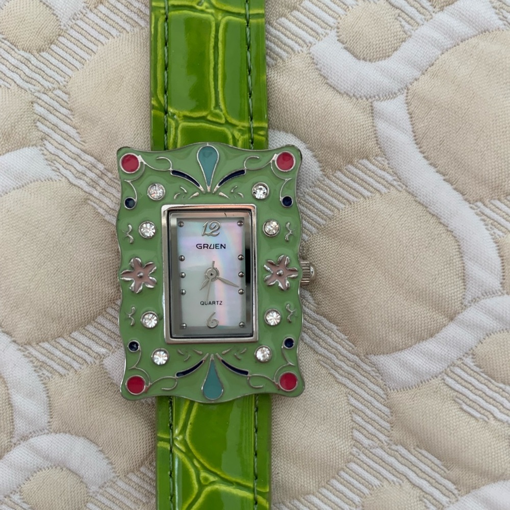 Gruens Womens Vintage Green Enamel Floral design crystal accents